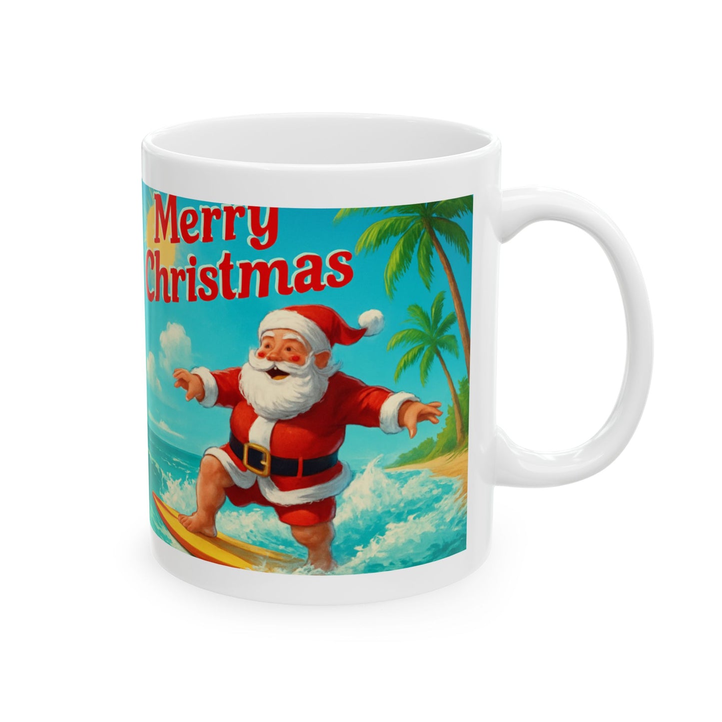 Surfing Santa Ceramic Mug — "Merry Christmas" Tropical Holiday Coffee Cup