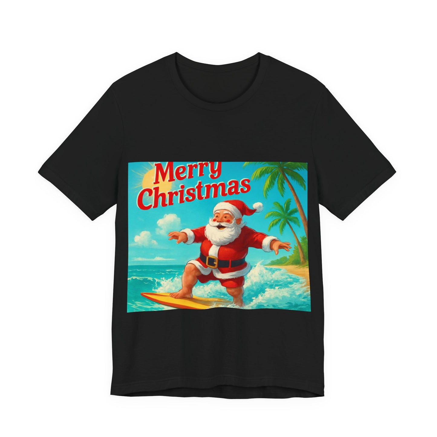 Surfing Santa Christmas Tee — Vintage Tropical Holiday T-Shirt