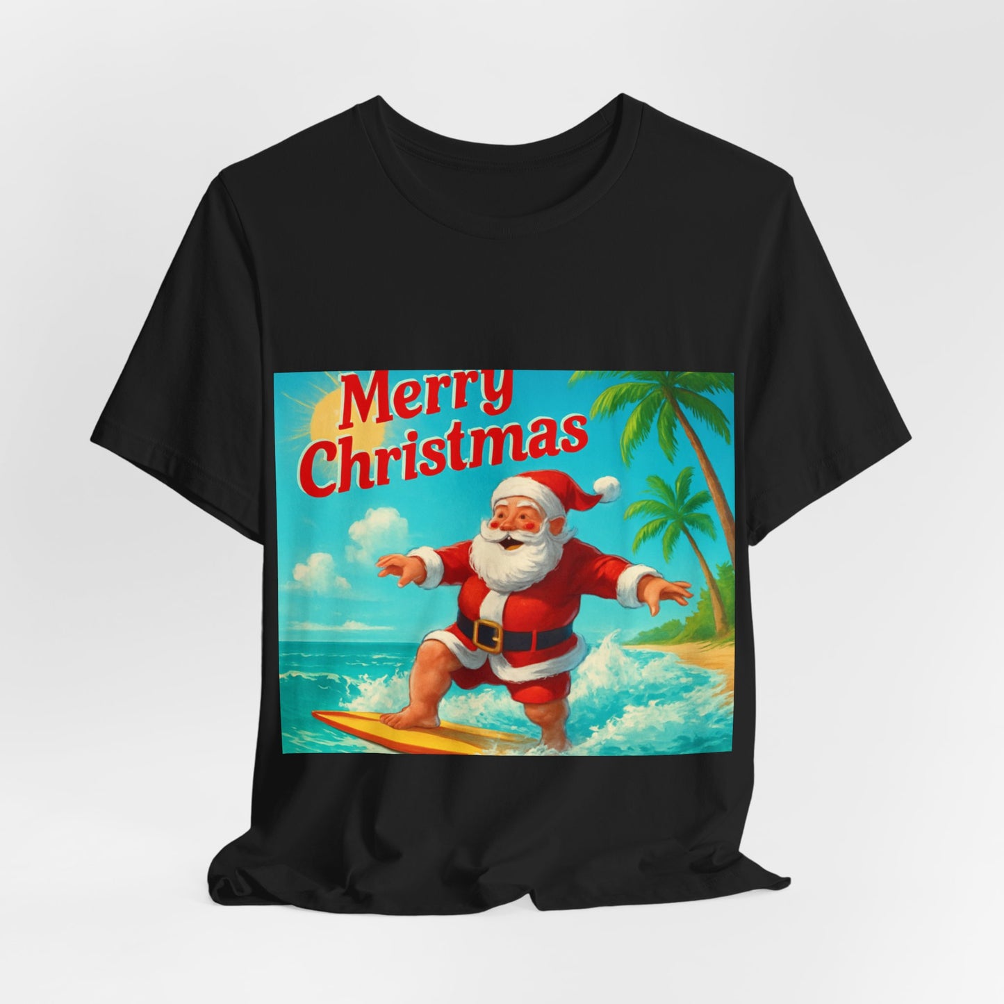 Surfing Santa Christmas Tee — Vintage Tropical Holiday T-Shirt