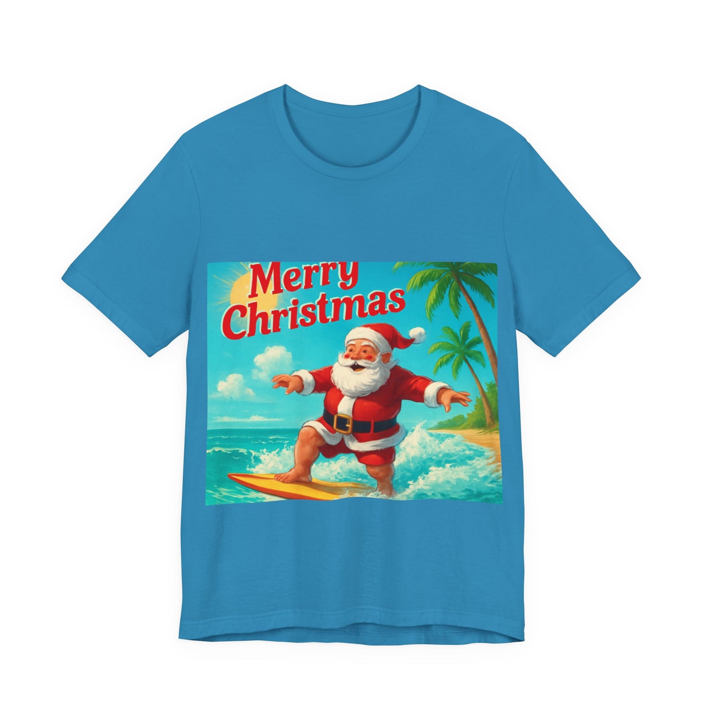 Surfing Santa Christmas Tee — Vintage Tropical Holiday T-Shirt