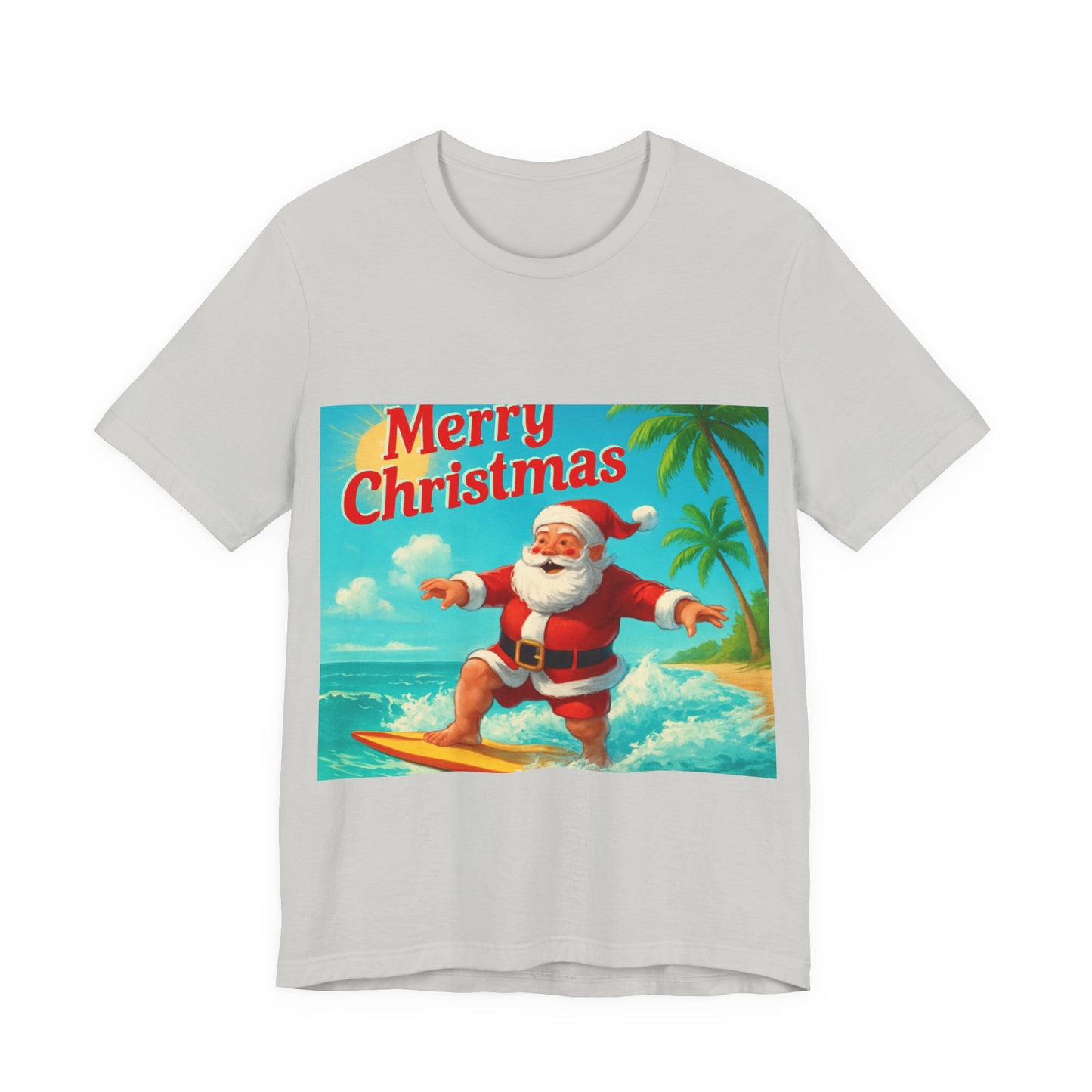 Surfing Santa Christmas Tee — Vintage Tropical Holiday T-Shirt