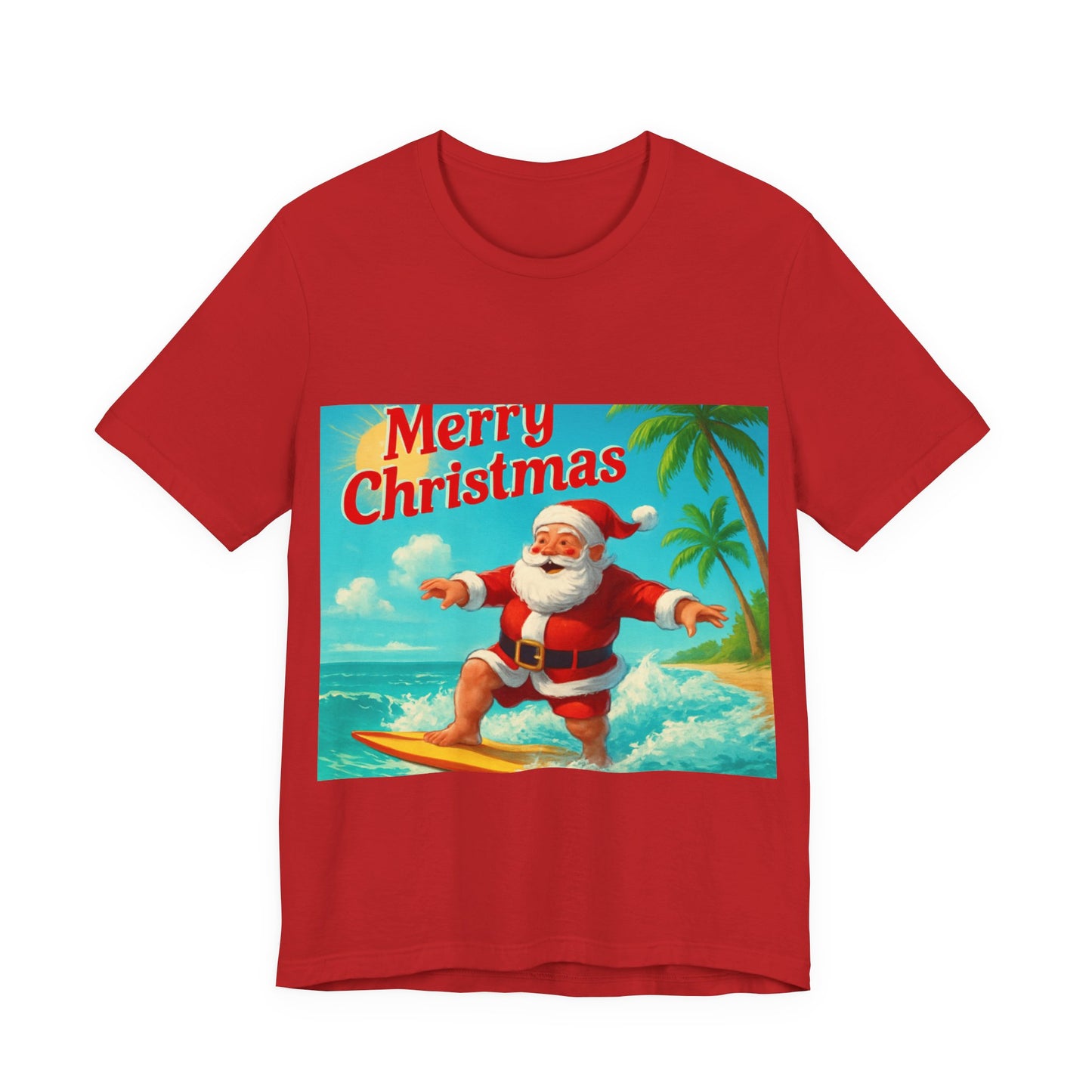 Surfing Santa Christmas Tee — Vintage Tropical Holiday T-Shirt