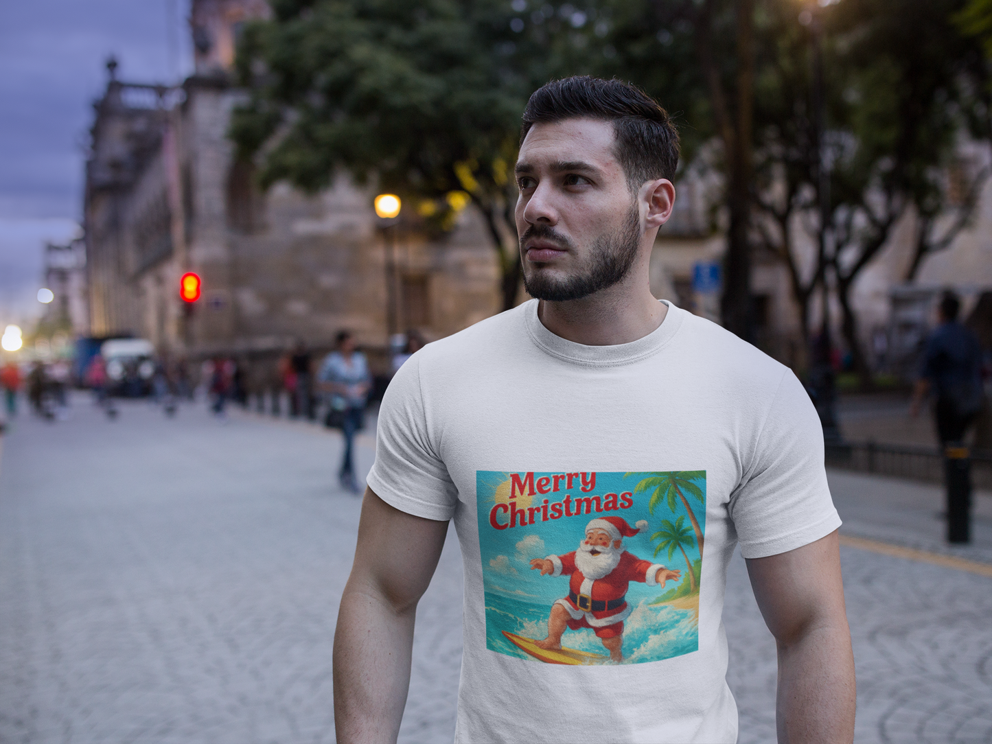 Surfing Santa Christmas Tee — Vintage Tropical Holiday T-Shirt