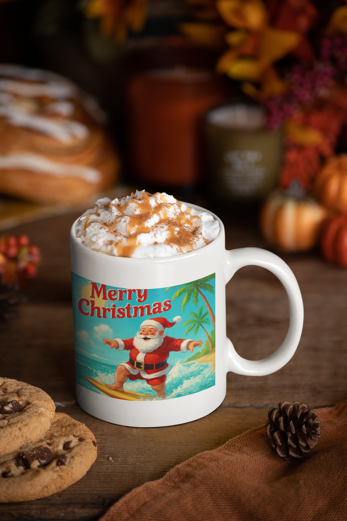 Surfing Santa Ceramic Mug — "Merry Christmas" Tropical Holiday Coffee Cup