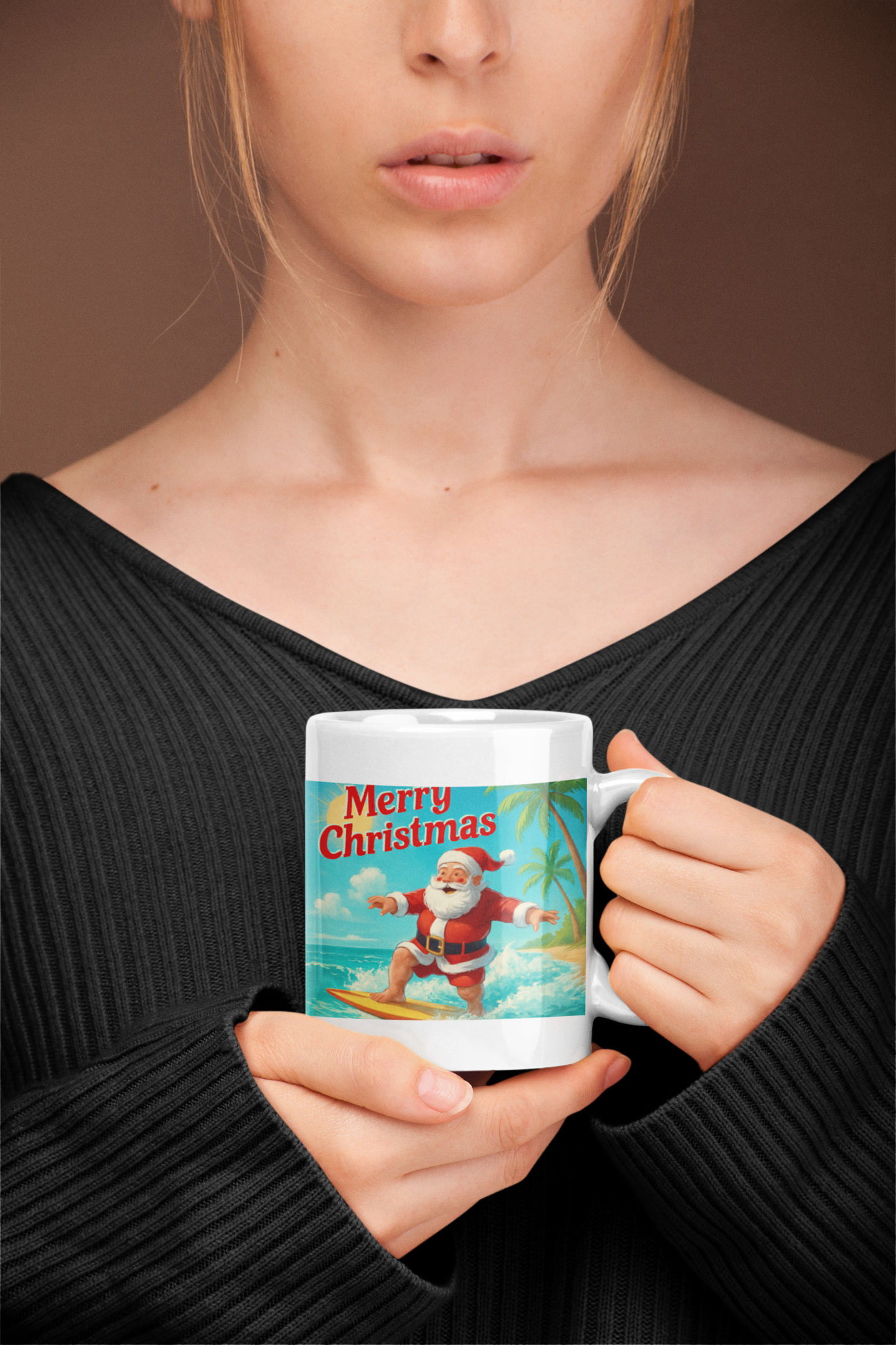 Surfing Santa Ceramic Mug — "Merry Christmas" Tropical Holiday Coffee Cup