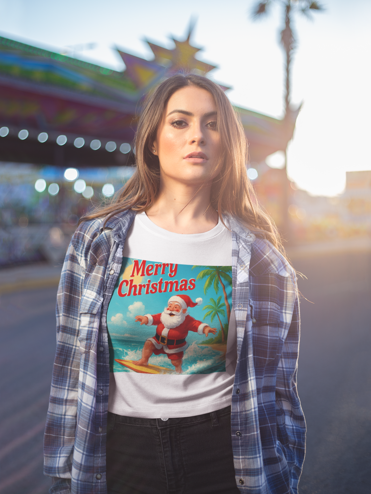 Surfing Santa Christmas Tee — Vintage Tropical Holiday T-Shirt