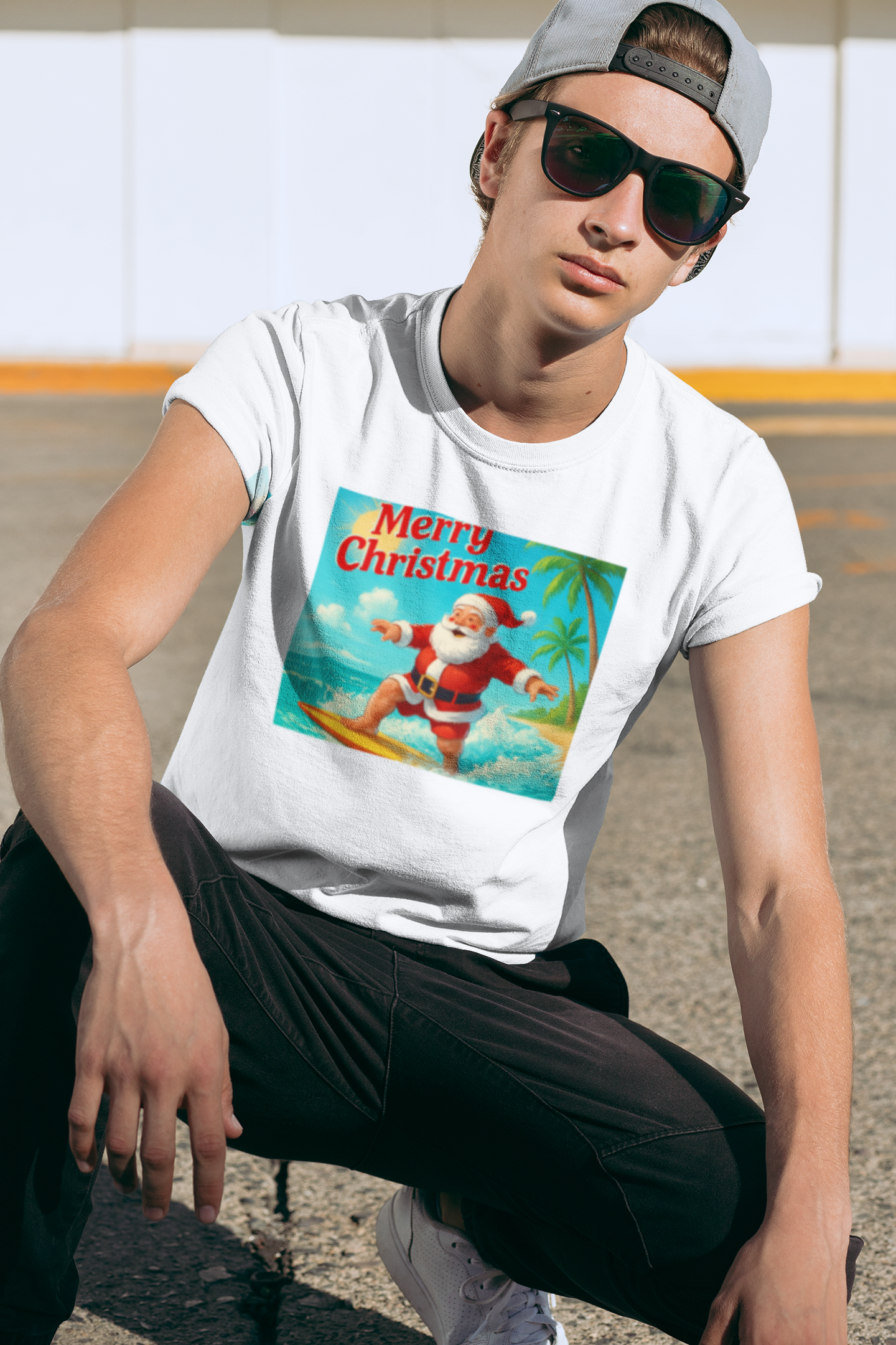 Surfing Santa Christmas Tee — Vintage Tropical Holiday T-Shirt