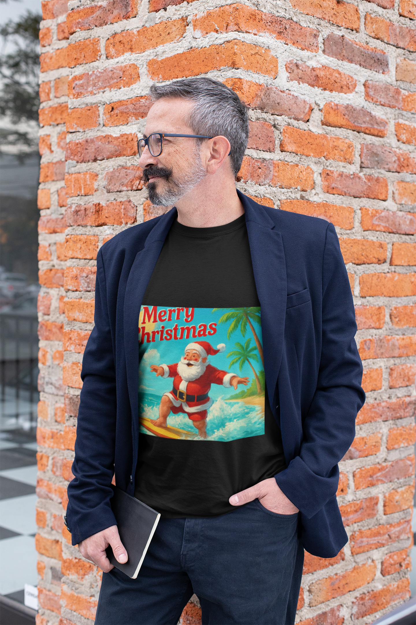 Surfing Santa Christmas Tee — Vintage Tropical Holiday T-Shirt