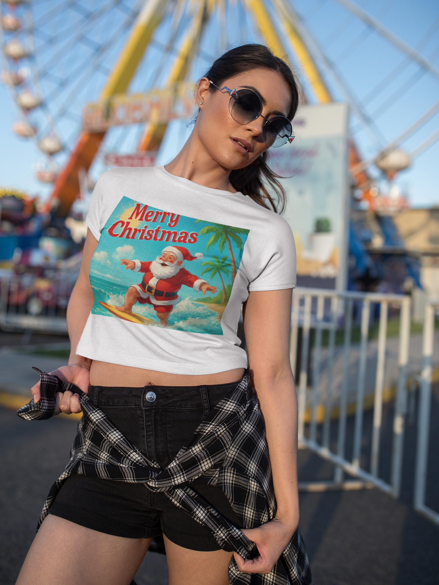 Surfing Santa Christmas Tee — Vintage Tropical Holiday T-Shirt